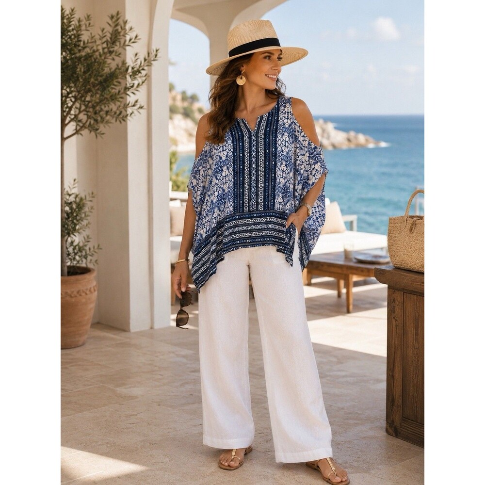 ZOZO 100% Silk Blue White Batwing Caftan Tunic Blouse Women’s Size L Boho Resort